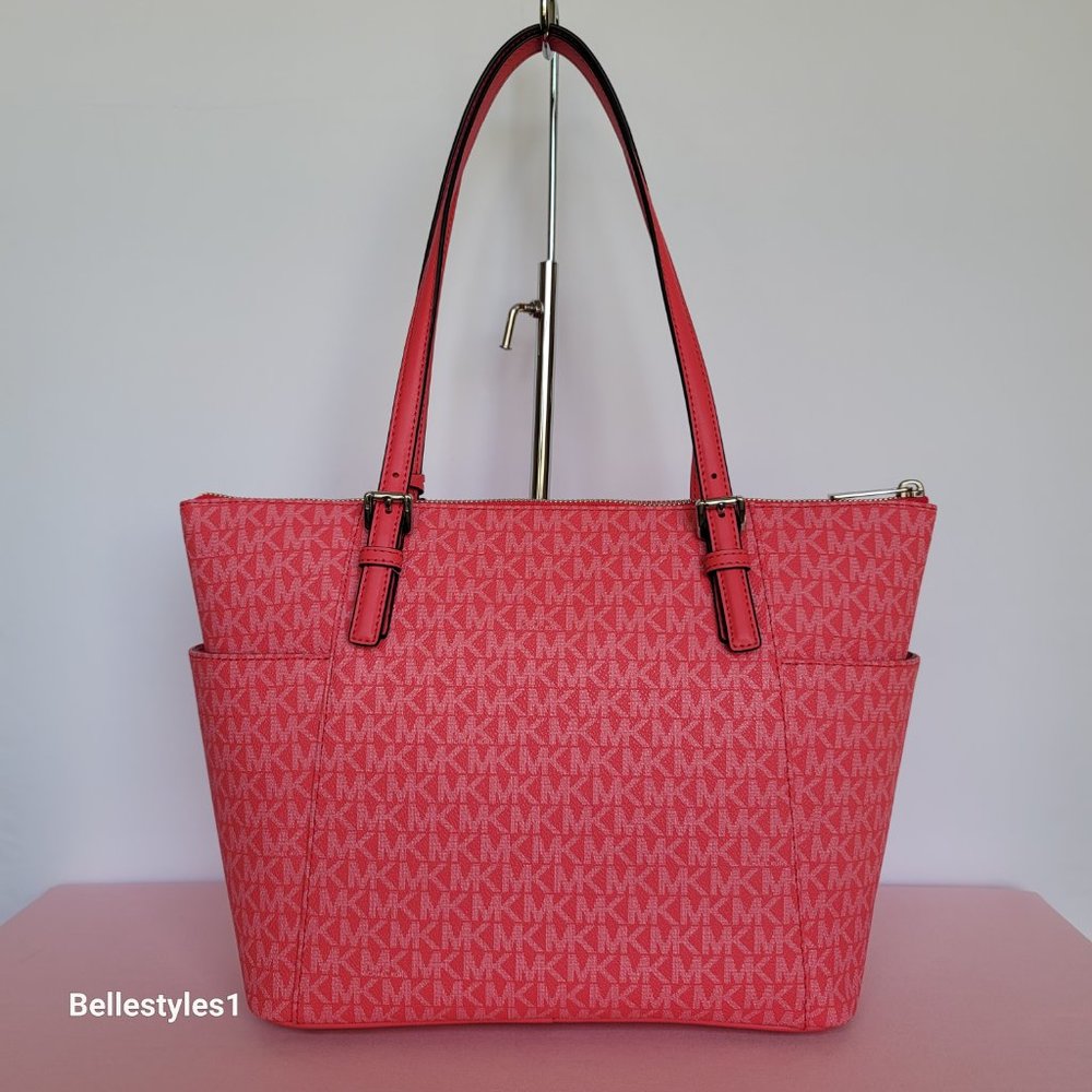 MICHAEL KORS Jet Set East West Top-Zip Signature Logo Tote Bag- Geranium color⭐ - Picture 6 of 16